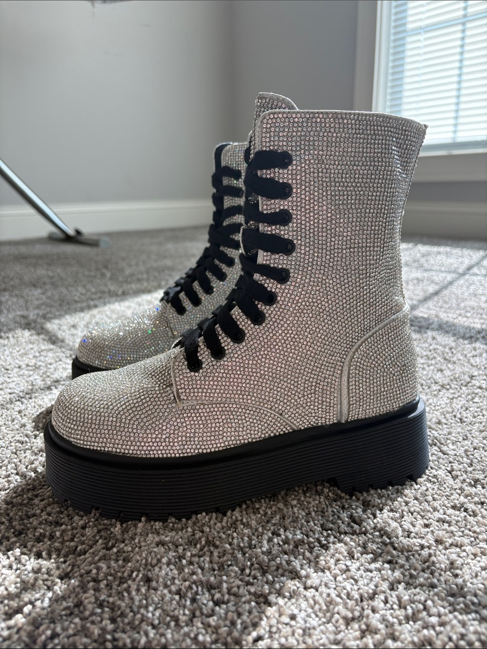 Dolls Kill Silver Rhinestone Lace-Up Platform Boots